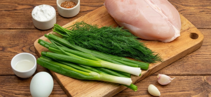 Набор продуктов для ПП-котлет: куриная грудка, зеленый лук, укроп, яйцо, чеснок и специи на доске