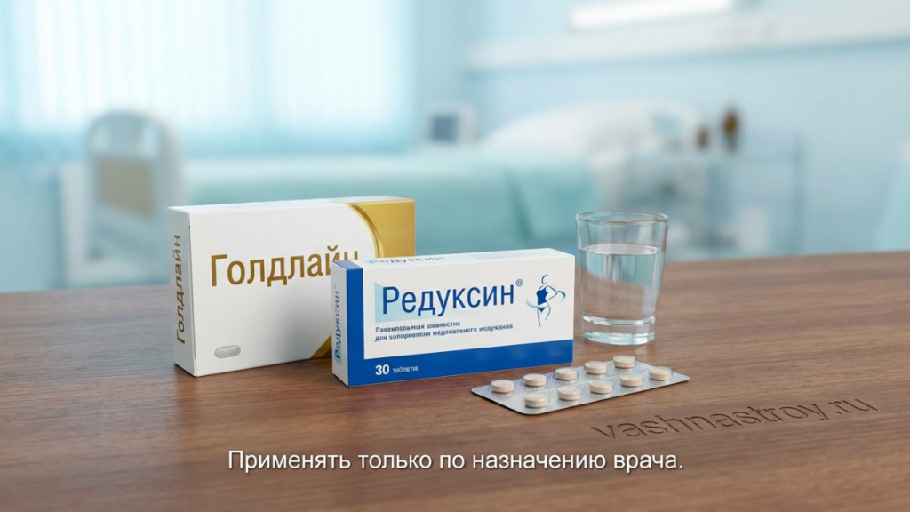 Препараты сибутрамина для снижения веса: Голдлайн и Редуксин в таблетках на столе врача