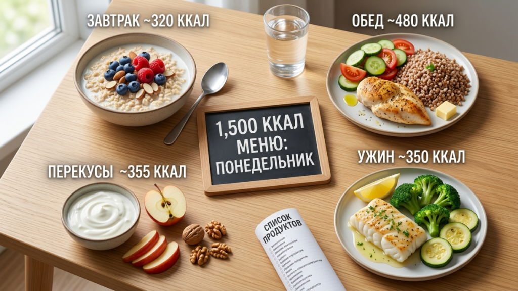 Процесс подготовки рациона на 1500 калорий: взвешивание гречки, дневник питания и готовые блюда