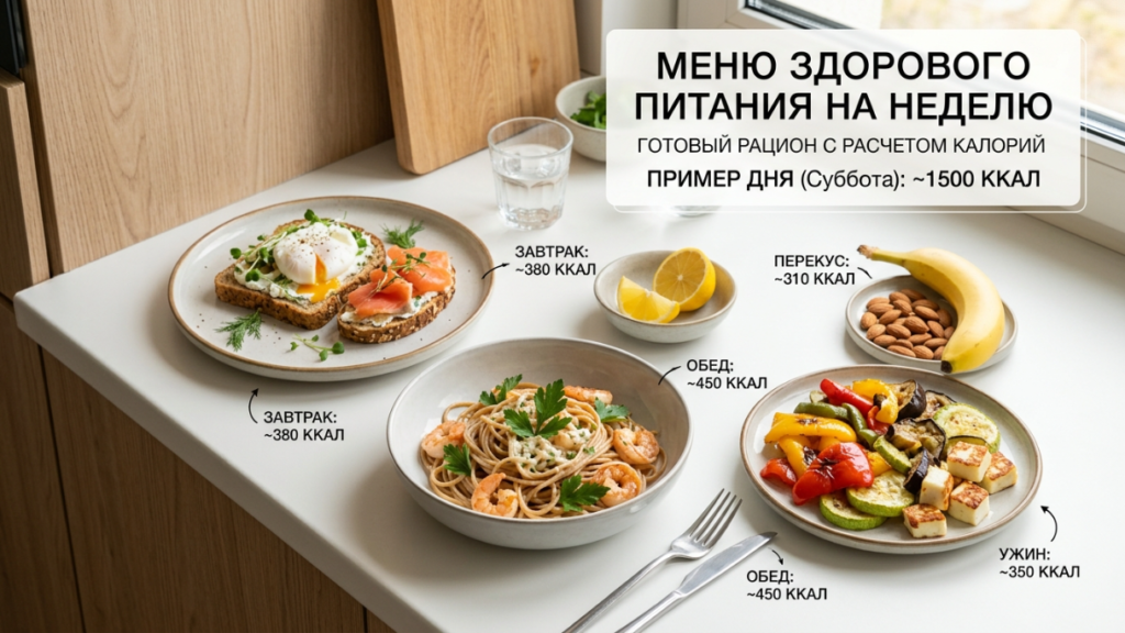 Пример меню на 1500 ккал: тосты с лососем и пашот, паста с креветками и овощи гриль