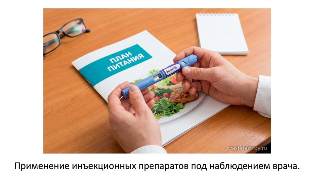 Инъекционный препарат Саксенда (лираглутид) в шприц-ручке и план лечения ожирения на приеме у врача