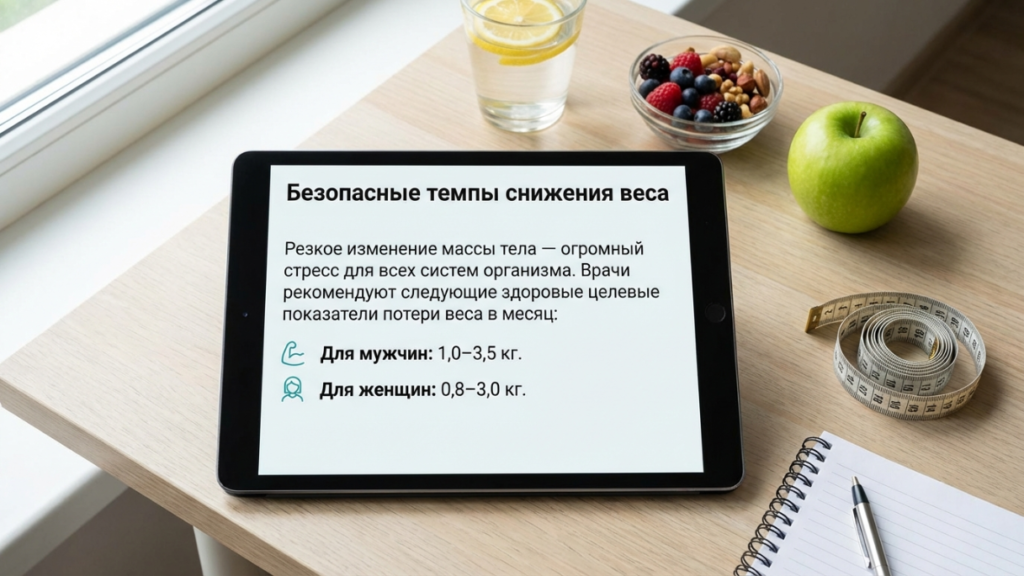 Безопасные темпы снижения веса в месяц для мужчин и женщин на экране планшета
