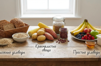 Основные источники углеводов: сложные углеводы, крахмалистые овощи и простые углеводы на одном столе