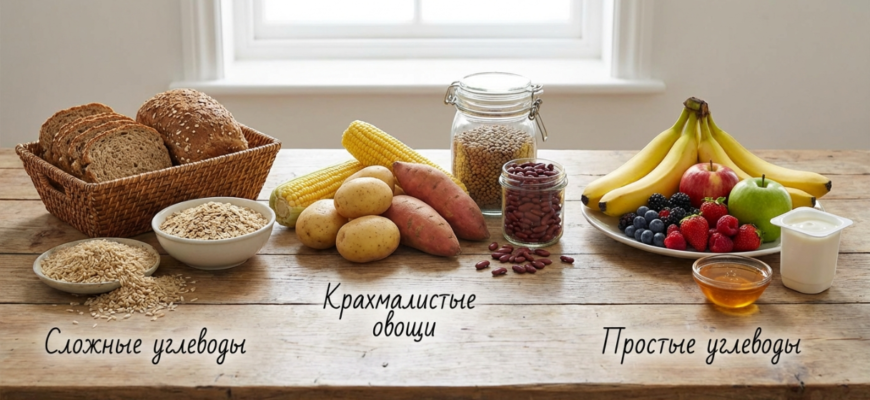 Основные источники углеводов: сложные углеводы, крахмалистые овощи и простые углеводы на одном столе