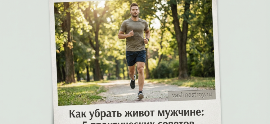 Мужчина на пробежке в парке на фоне заголовка Как убрать живот мужчине: 5 практических советов